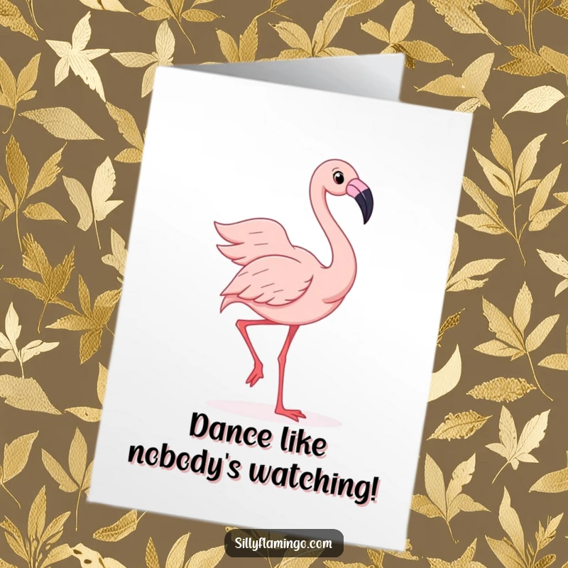 Free Printable Congrats Card: A joyful flamingo performs a silly wiggle, feathers fanned out in a happy dance for achievements.