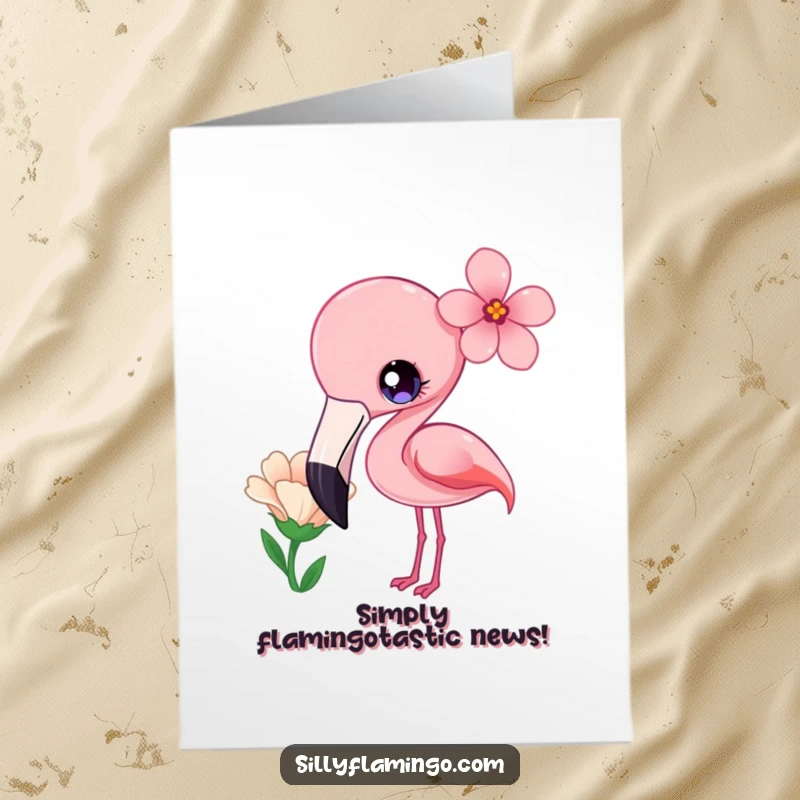 Funny Free Printable Congratulations Card: Kawaii flamingo with bright eyes, curiously tilting its head at a flower, sweet.