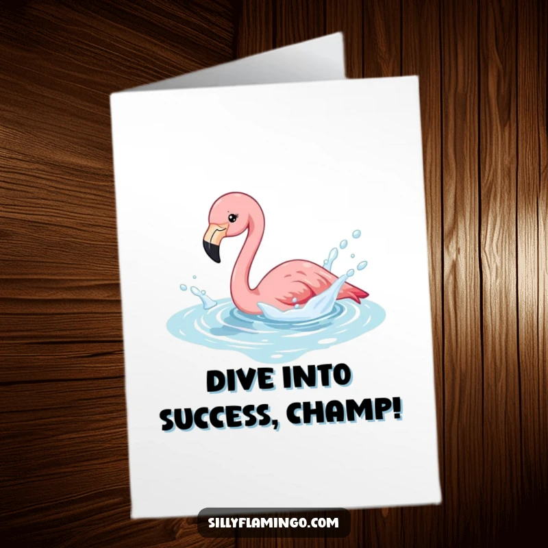 Funny Free Printable Congrats Card: A flamingo energetically splashing in a shimmering pool, celebrating a victory.