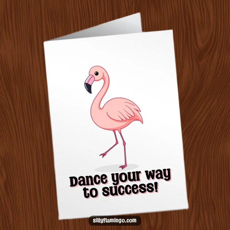 Funny Free Printable Congratulations Card with a flamingo busting a move in a happy shimmy dance, celebrating success