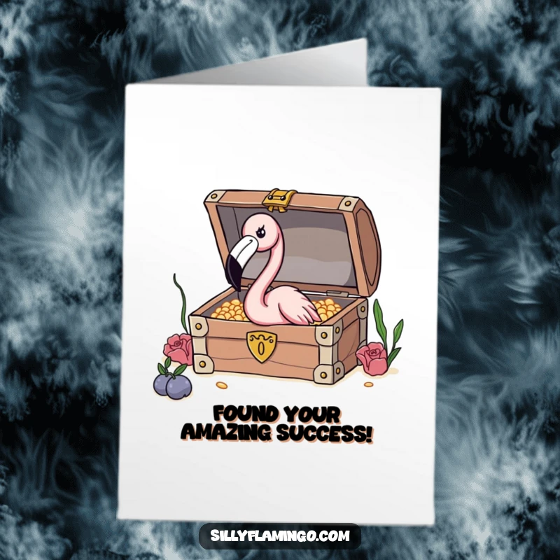 Free printable congratulations card featuring a flamingo curiously peeking into a treasure chest, symbolizing the discovery of great achievements.