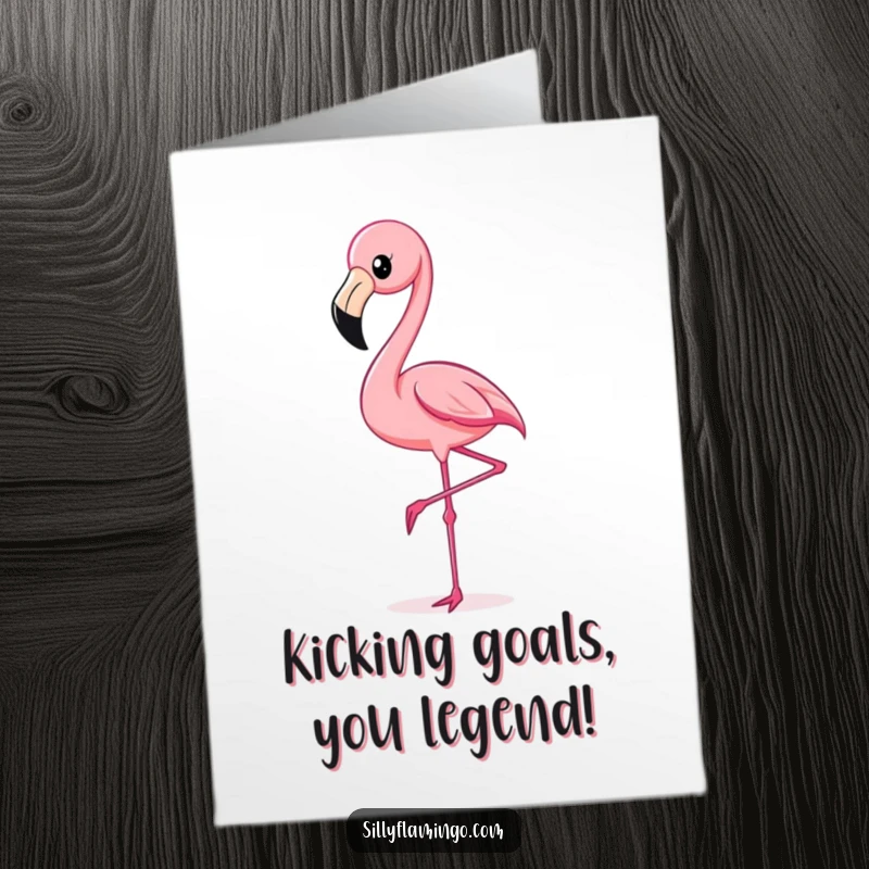 Free printable congratulations card featuring a bright pink flamingo kicking its leg high, symbolizing an energetic and joyful achievement.