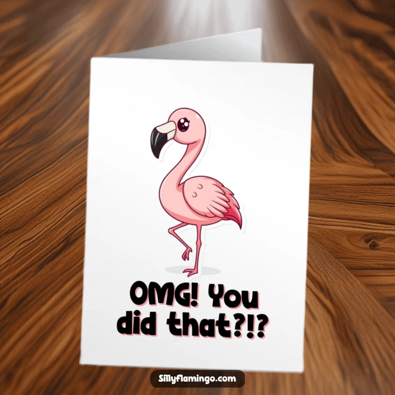 Funny Free Printable Congratulations Card showing a surprised flamingo rapidly bobbing its head in excited disbelief.
