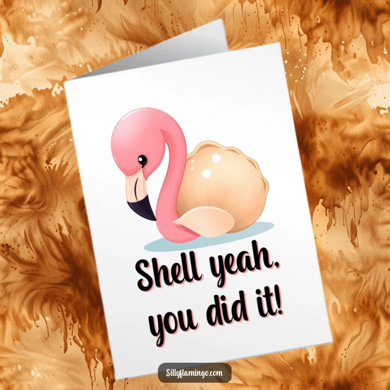 Funny Free Printable Congratulations Card with a flamingo curiously investigating a seashell, offering a delightful surprise