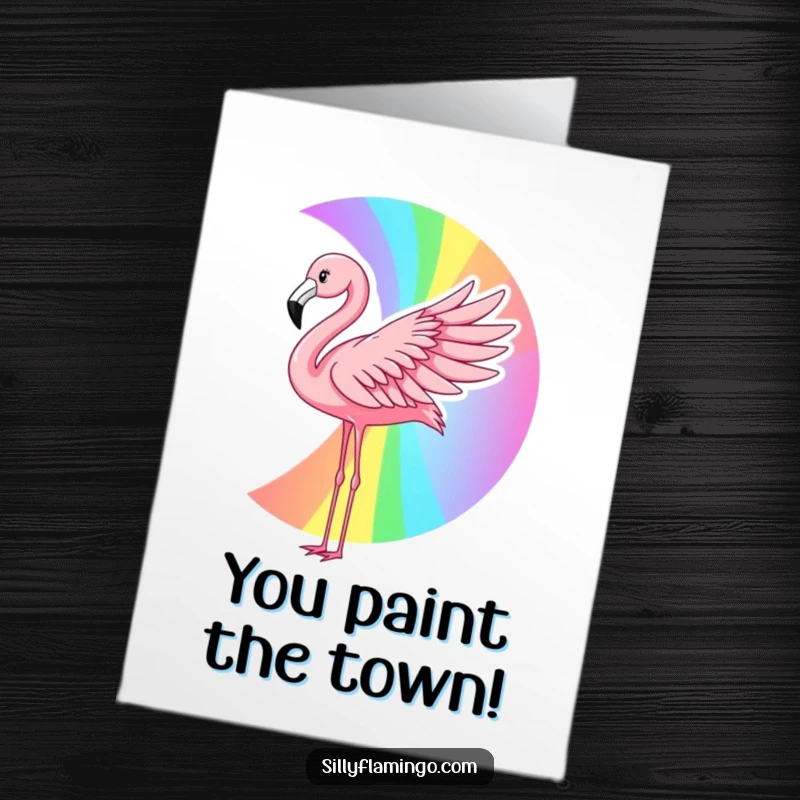Funny Free Printable Congratulations Card: A flamingo paints a vibrant rainbow with its wing, celebrating success.