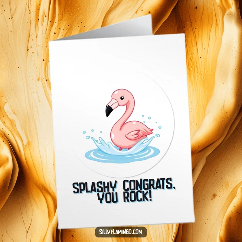 Free printable congratulations card showing a flamingo joyfully splashing in sparkling water, celebrating success with effervescent delight.