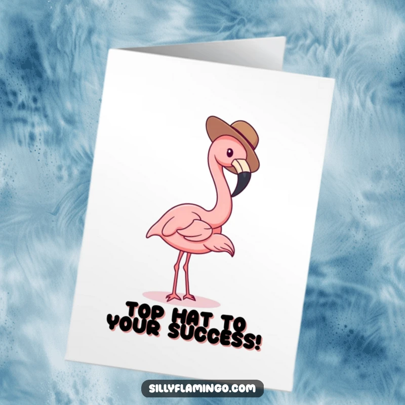 Funny Free Printable Congratulations Card: A flamingo in a tiny hat dips its beak, celebrating with charm.