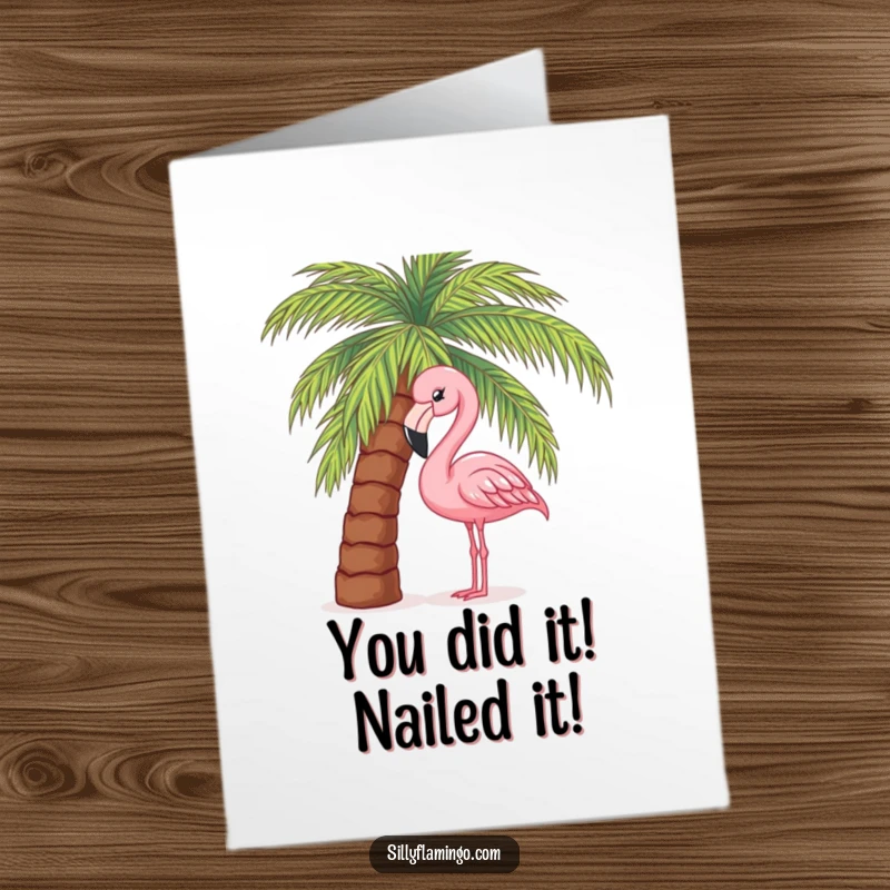 Funny Free Printable Congrats Card: Flamingo peeking from behind a palm tree, offering a cheeky congratulations.