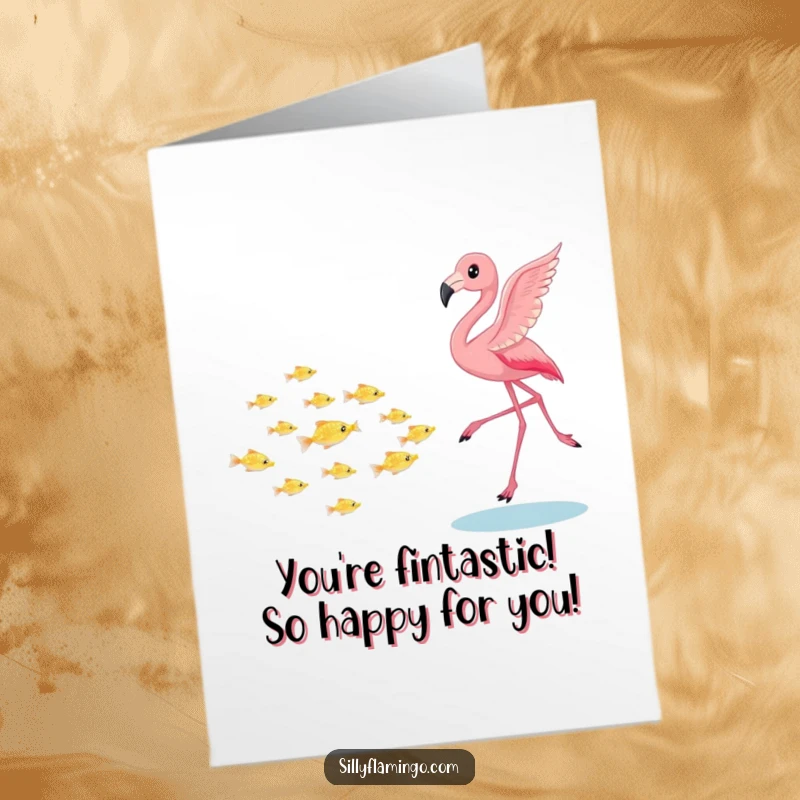 Funny Free Printable Congrats Card: Pink flamingo playfully chasing a school of tiny shimmering fish, looking triumphant.