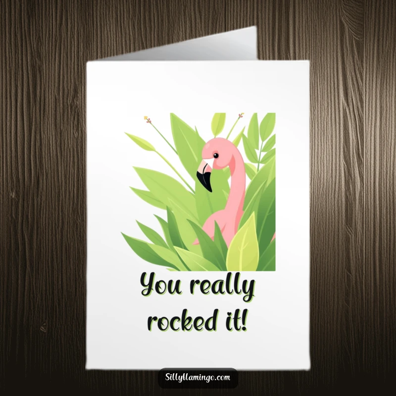 Funny Free Printable Congratulations Card: A flamingo curiously peeking from foliage, celebrating a win with playful excitement.