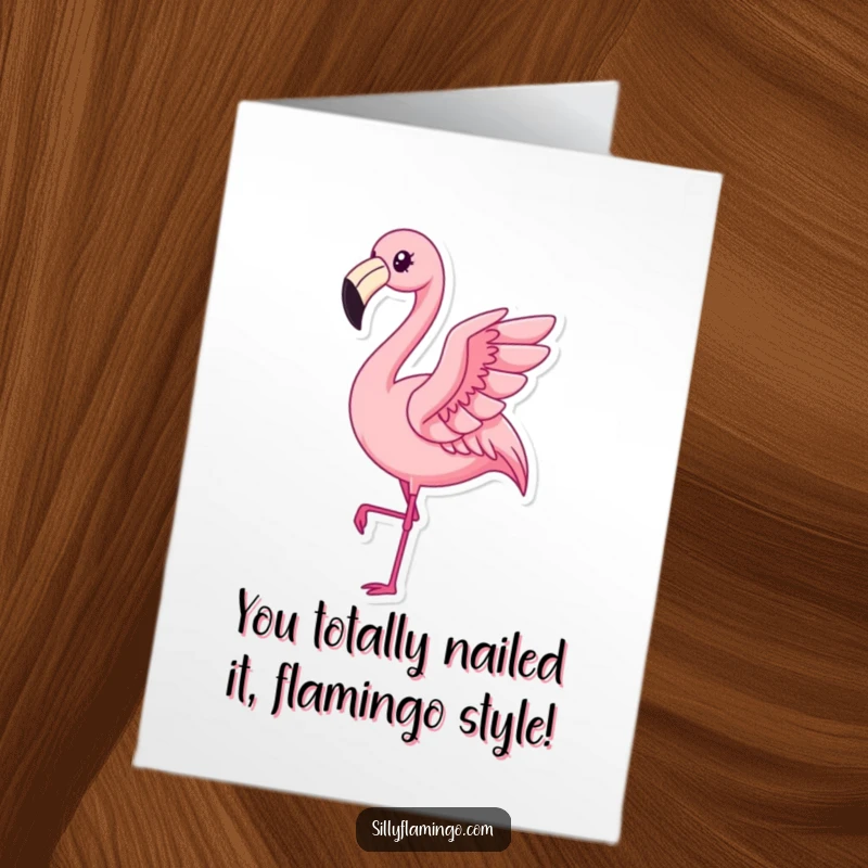 Free Printable congratulatory card with a smug kawaii flamingo executing a proud, subtle flap. A funny downloadable art piece.