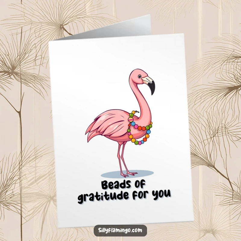 Funny Free Printable Thank You Card: A flamingo proudly displays a colorful bead garland, offering a stylish expression of gratitude.