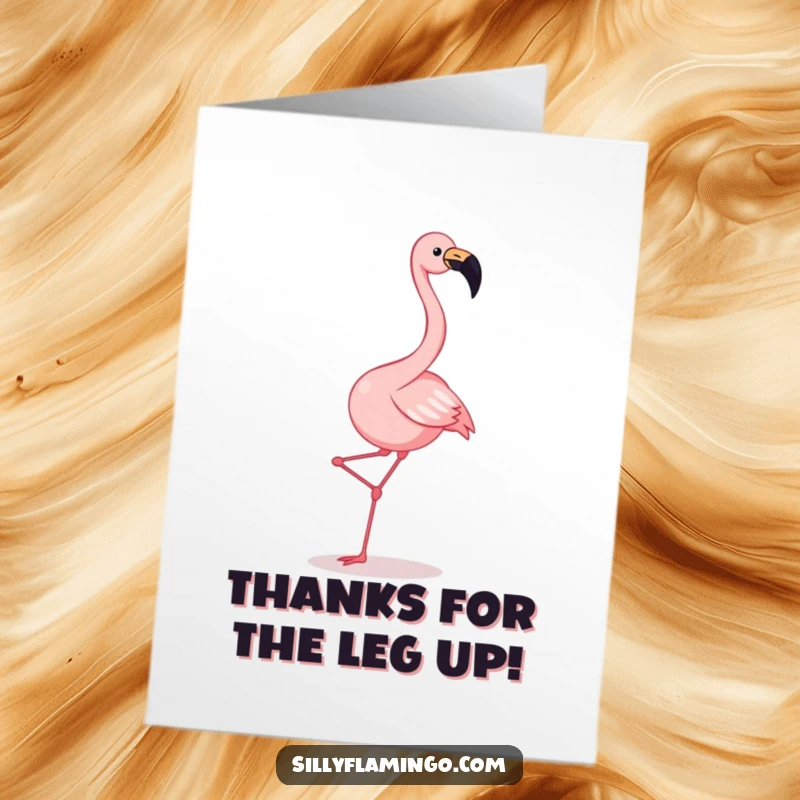 Funny Free Printable Thank You Card: A happy flamingo doing a joyful leg-kicking dance, squawking appreciatively, perfect for expressing thanks.