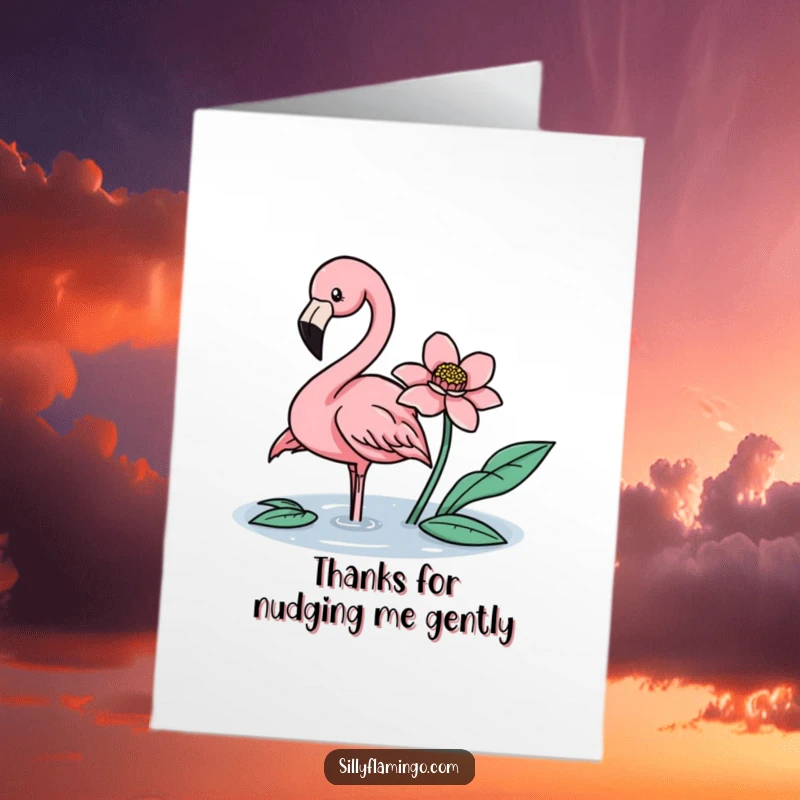Free Printable Thank You Card: A flamingo gently nudging a flower, conveying soft appreciation. Charming downloadable thank you.
