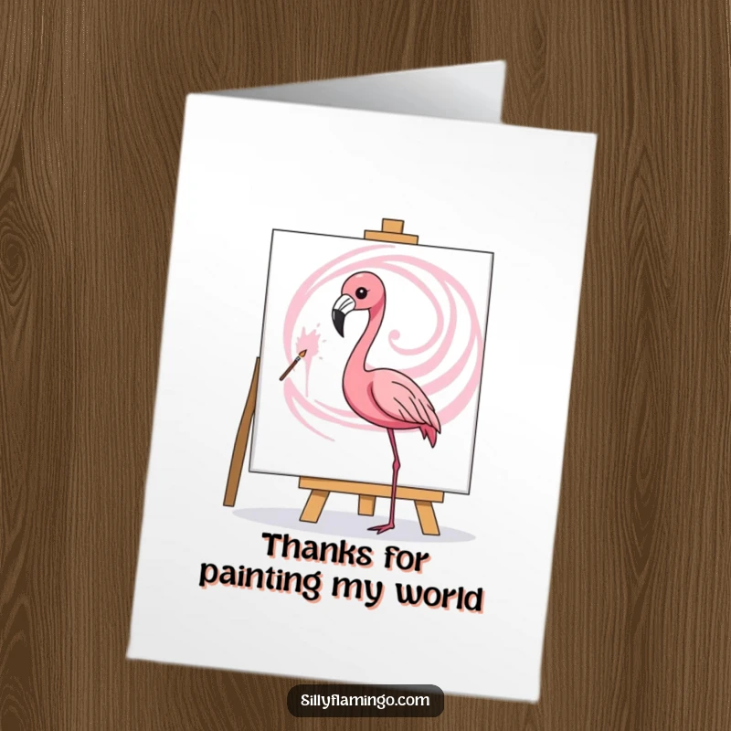 Free Printable Thank You Card: A flamingo artist skillfully paints a pink swirl, offering thanks with artistic grace.