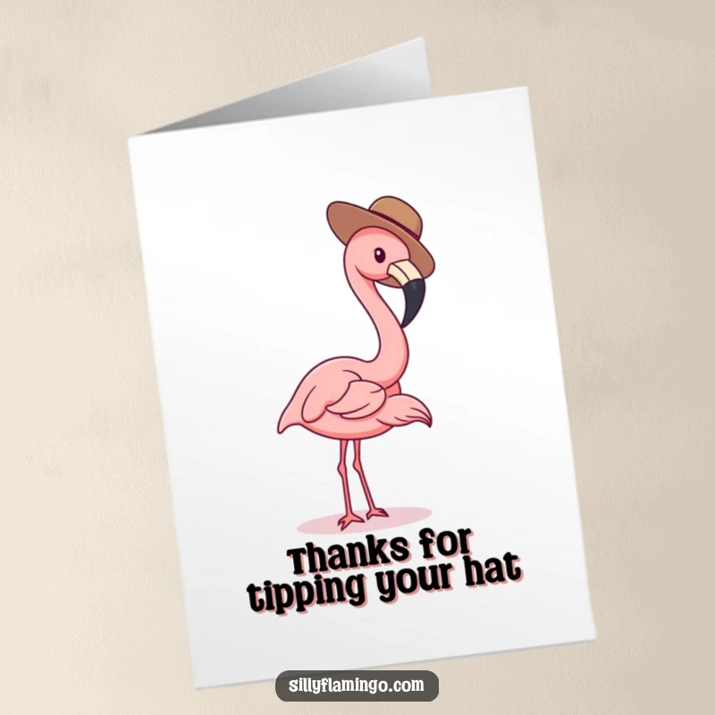 Funny Free Printable Thank You Card: A flamingo wearing a hat dips its beak, a charming thank you.