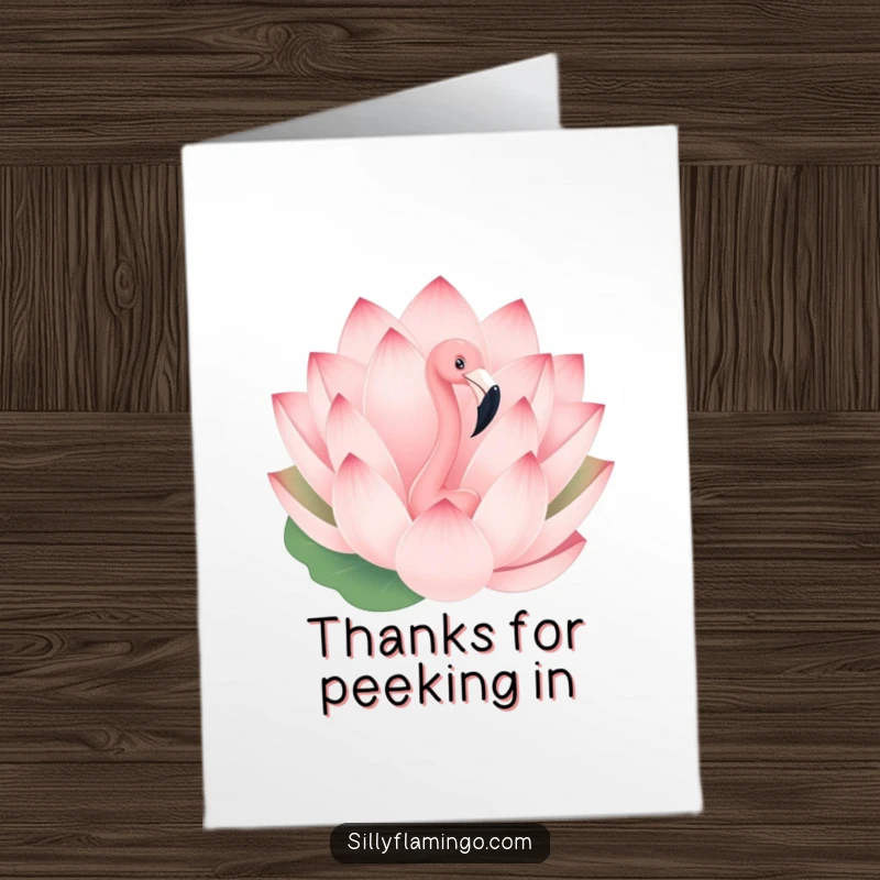 Free Printable Thank You Card: Playful flamingo peeks out from a massive lotus flower, offering thanks with a quirky charm.