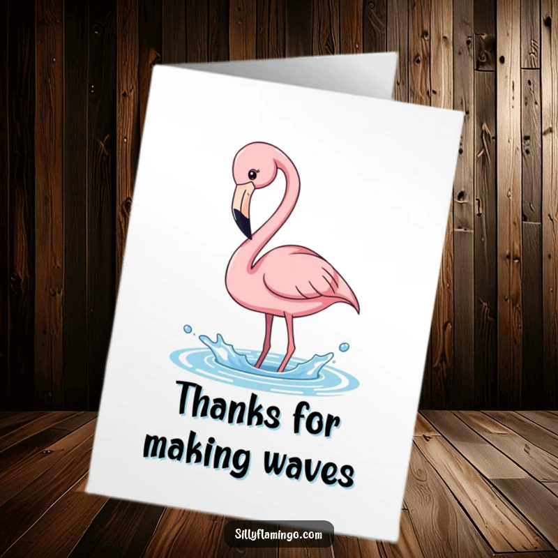 Funny Free Printable Thank You Card: A pink flamingo with a gracefully bent neck playfully splashing water to say thank you.