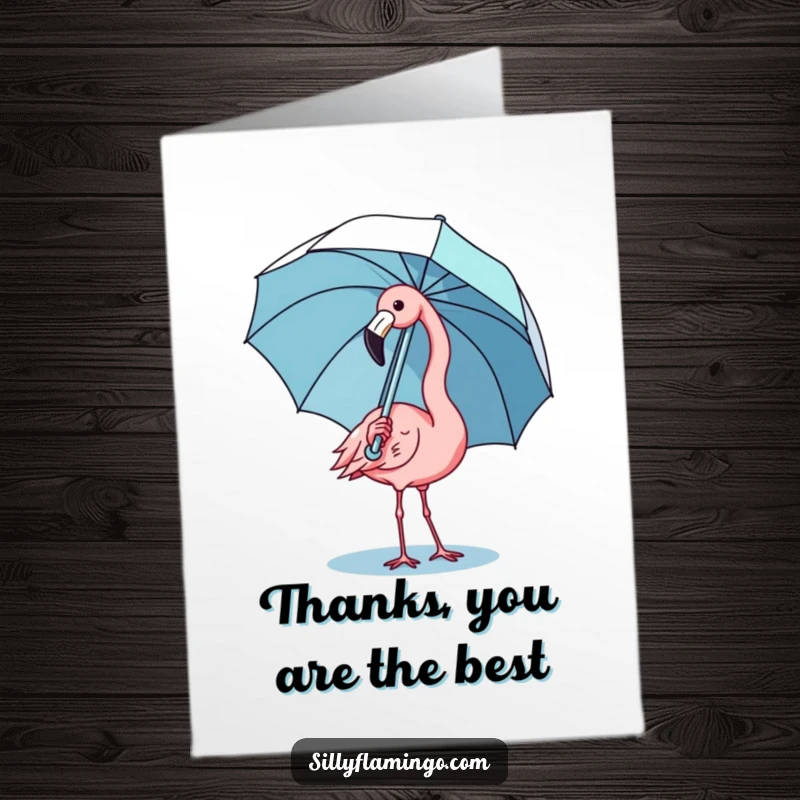 Funny Free Printable Thank You Card: A cute kawaii flamingo comically trying to balance an umbrella, signifying thanks.
