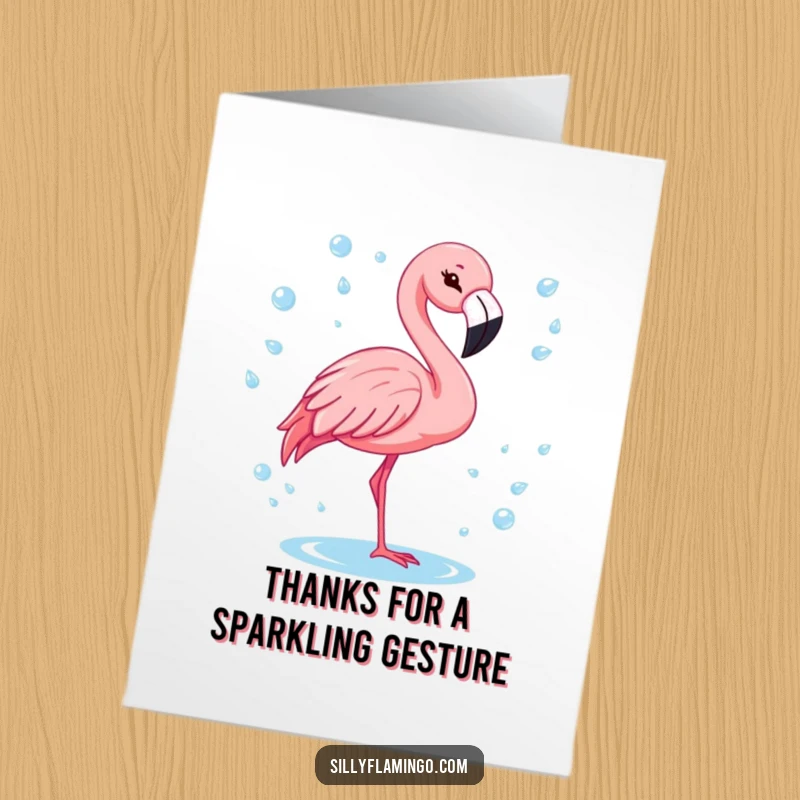 Funny Free Printable Thank You Card: A flamingo winks playfully amid sparkling water droplets. Cheerful downloadable thank you.