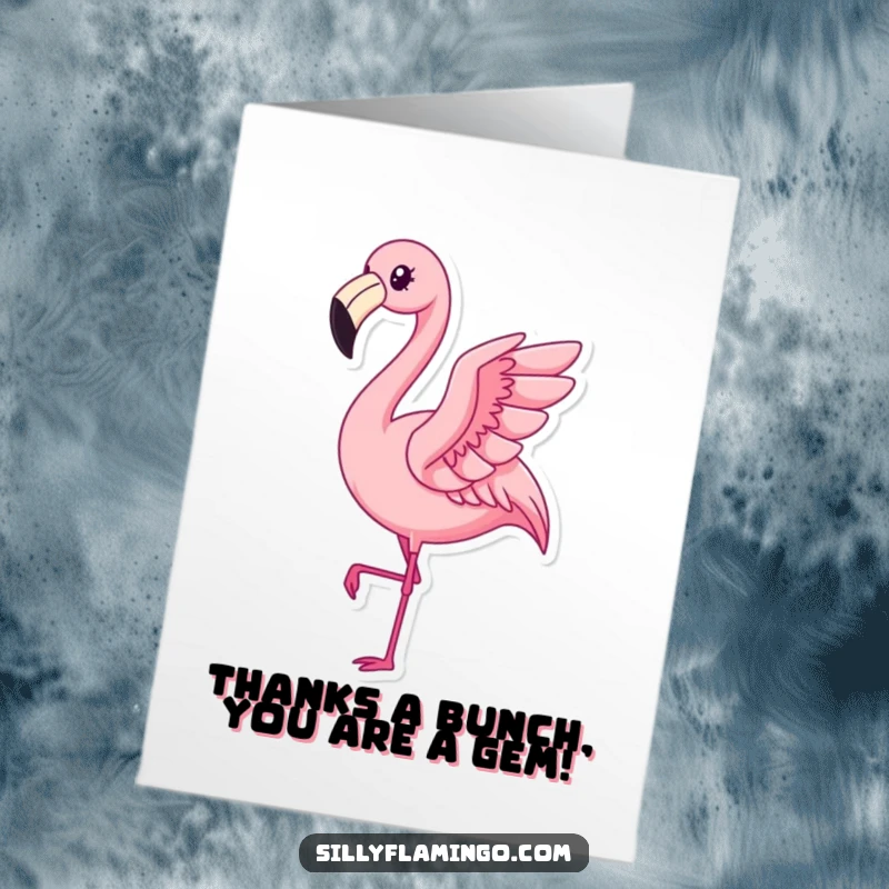 Funny Free Printable thank you card with a pleased kawaii flamingo subtly flapping. A downloadable, cheerful expression of thanks.