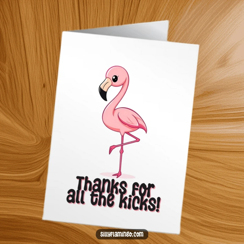 Funny free printable thank you card depicting a pink flamingo kicking its leg high, expressing thanks with playful exuberance.