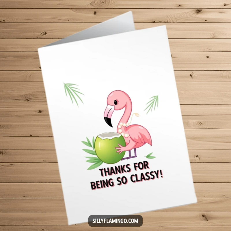 Funny Free Printable Thank You Card of a glamorous flamingo with pearls sipping a coconut cocktail.