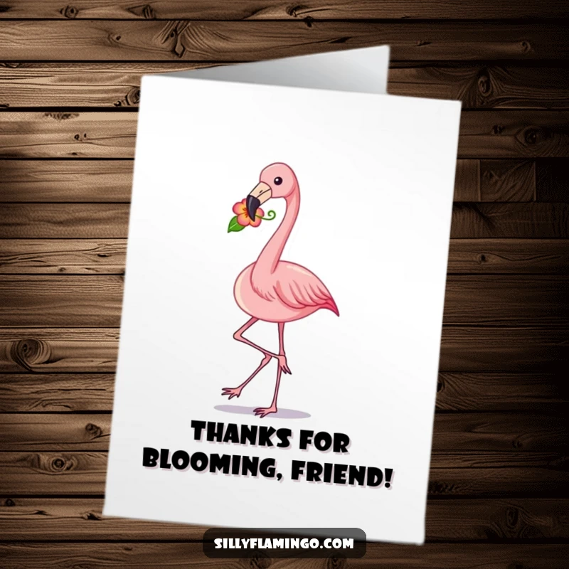 Funny Free Printable Thank You Card: A flamingo struts with a flower, offering sweet and funny thanks.