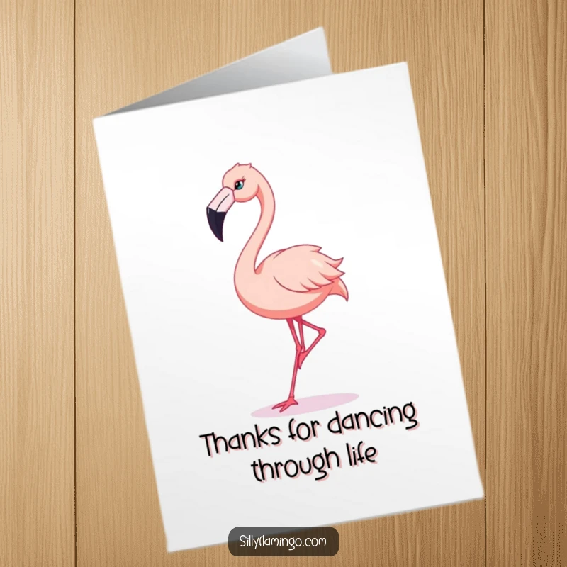 Funny Free Printable Thank You Card: A flamingo performing a silly, exaggerated dance using its beak, so funny.
