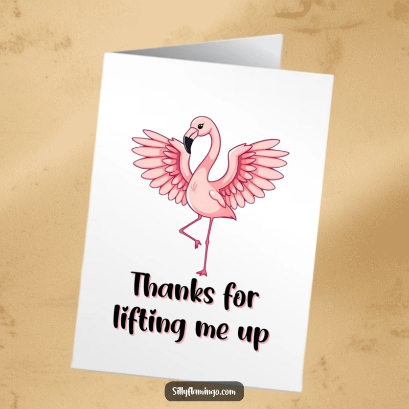 Funny Free Printable Thank You Card: An elegant flamingo with wings outstretched in mid-flap, conveying thanks with poise.