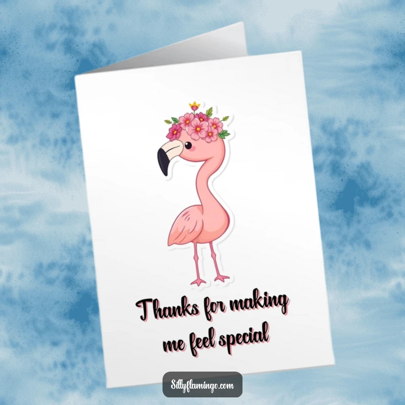 Funny Free Printable Thank You Card: Flamingo wearing a tiny flower crown, standing proudly, offering a graceful thank you.