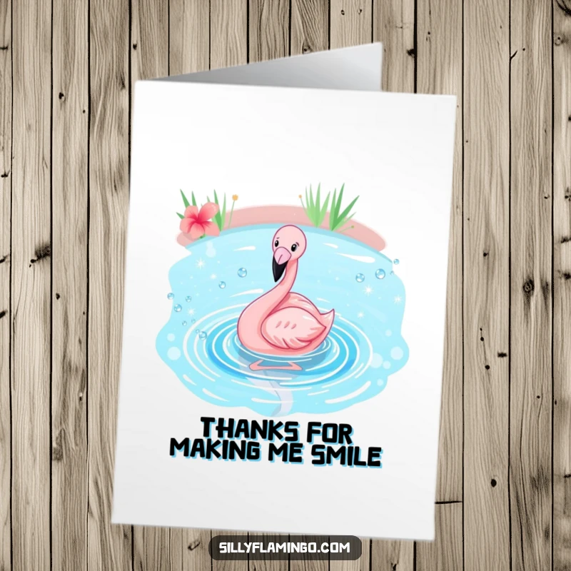 Funny Free Printable Thank You Card: A flamingo happily splashing in a sparkling pond, a fun way to say thanks.