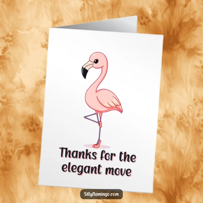 Funny Free Printable Thank You Card: A pink flamingo elegantly balances in tiny ballet slippers, offering a graceful gesture.