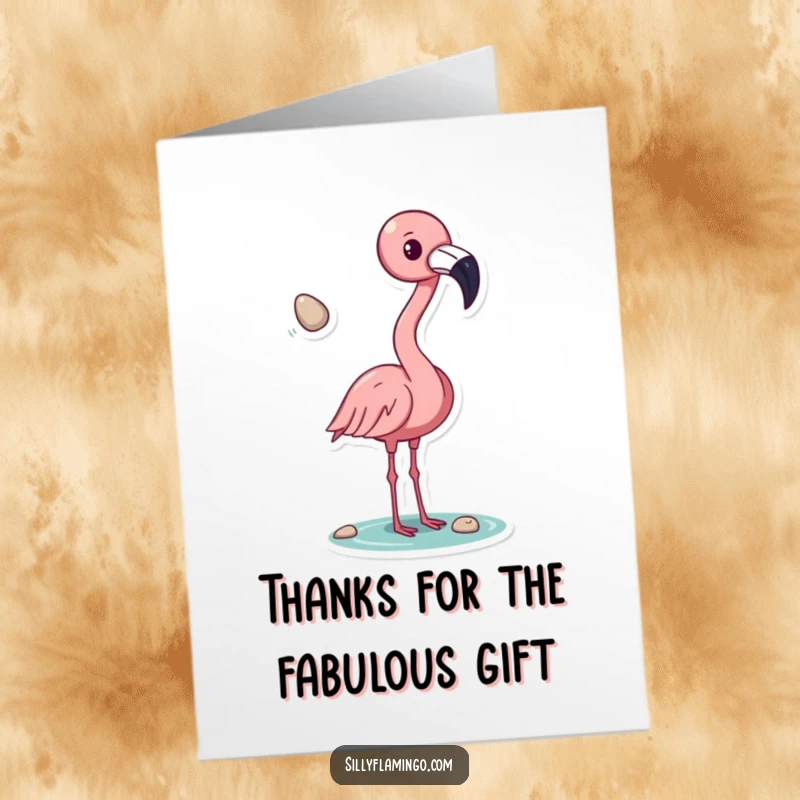 Funny Free Printable Thank You Card: Pink flamingo tossing a shiny pebble with its beak as a thank you gesture.