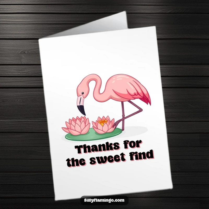 Funny Free Printable Thank You Card: A flamingo happily pecking at a floating water lily, offering thanks with a cheerful disposition.