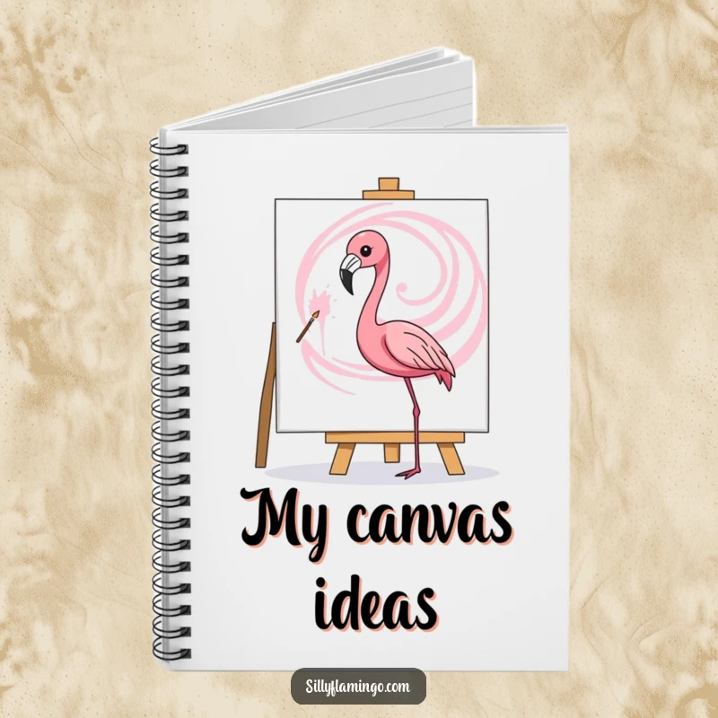 Funny notebook featuring a flamingo artistically painting a pink swirl on a canvas, ideal for sketching and notes.