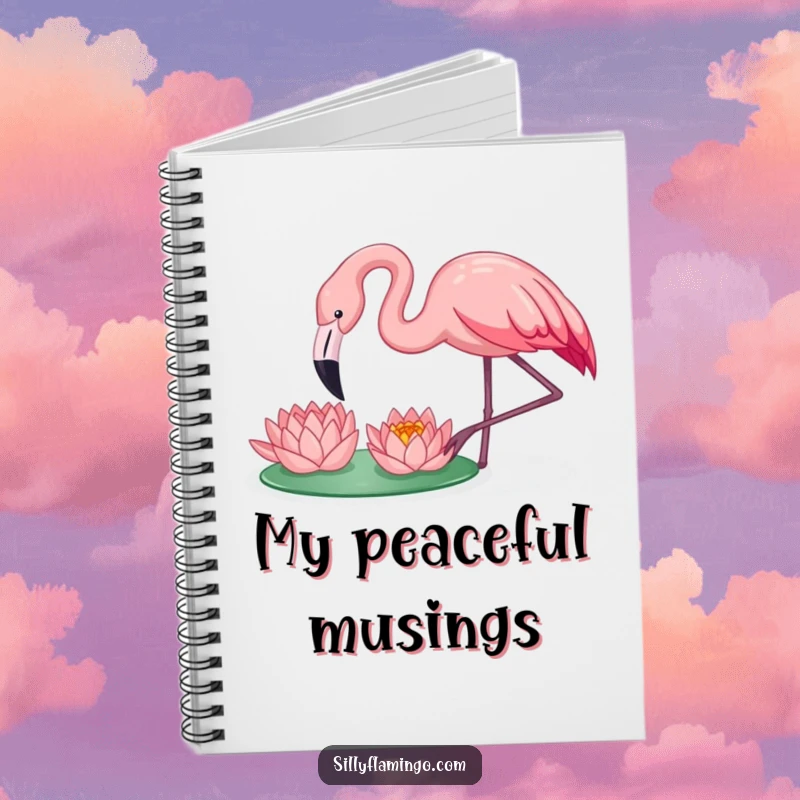 Funny flamingo happily pecking a water lily, perfect for noting ideas in this humorous and peaceful notebook