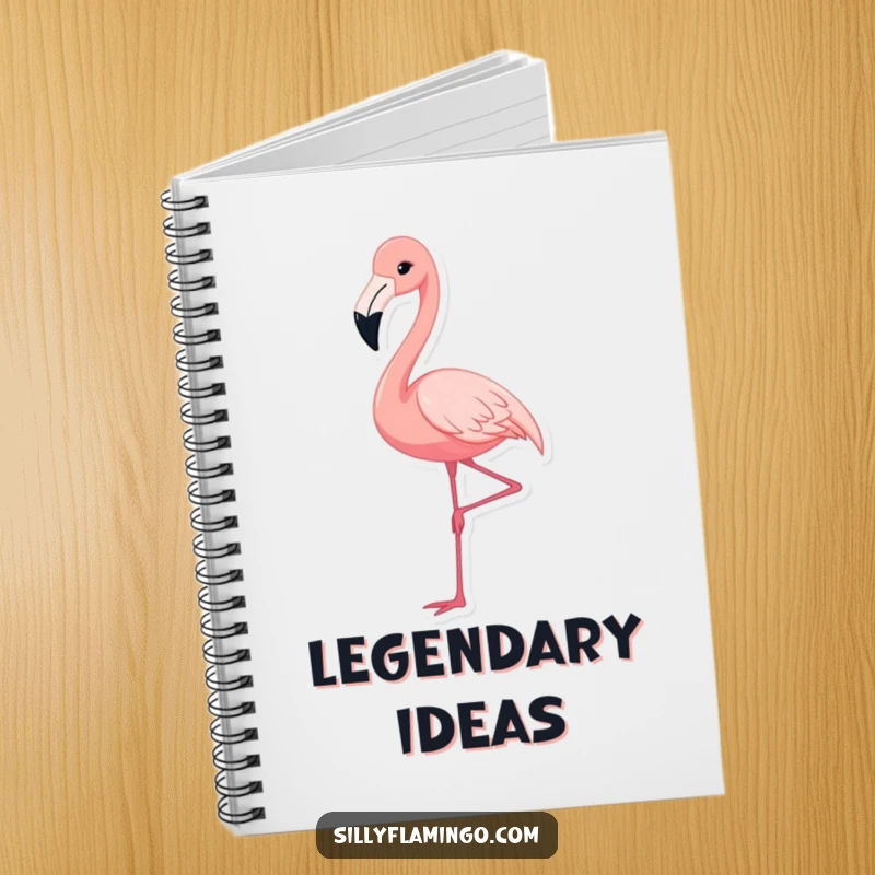 Funny notebook with a cute flamingo gracefully extending its leg, perfect for jotting down elegant ideas, a humorous stationery item.