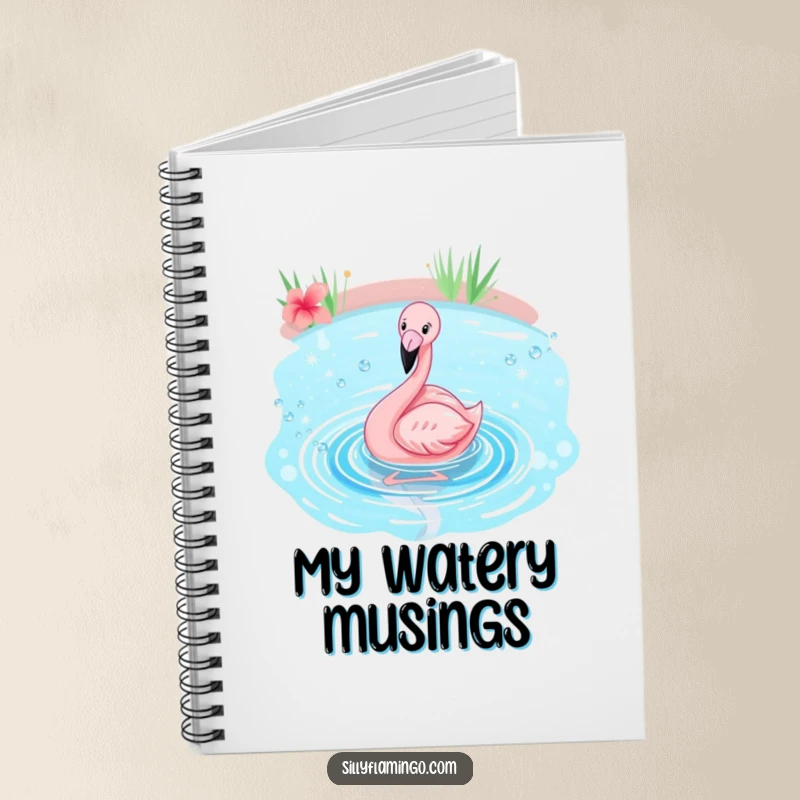 Funny flamingo notebook featuring a pink bird happily splashing in a sparkling blue pond, perfect for jotting down cheerful ideas.