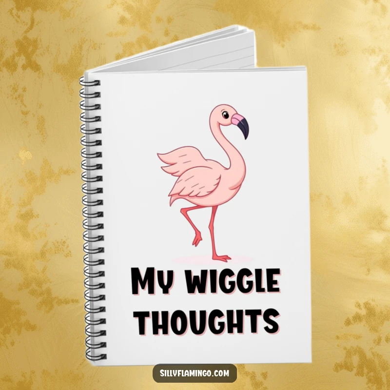 Funny notebook featuring a joyful flamingo doing a silly wiggle dance with its feathers fanned out, ideal for journaling.
