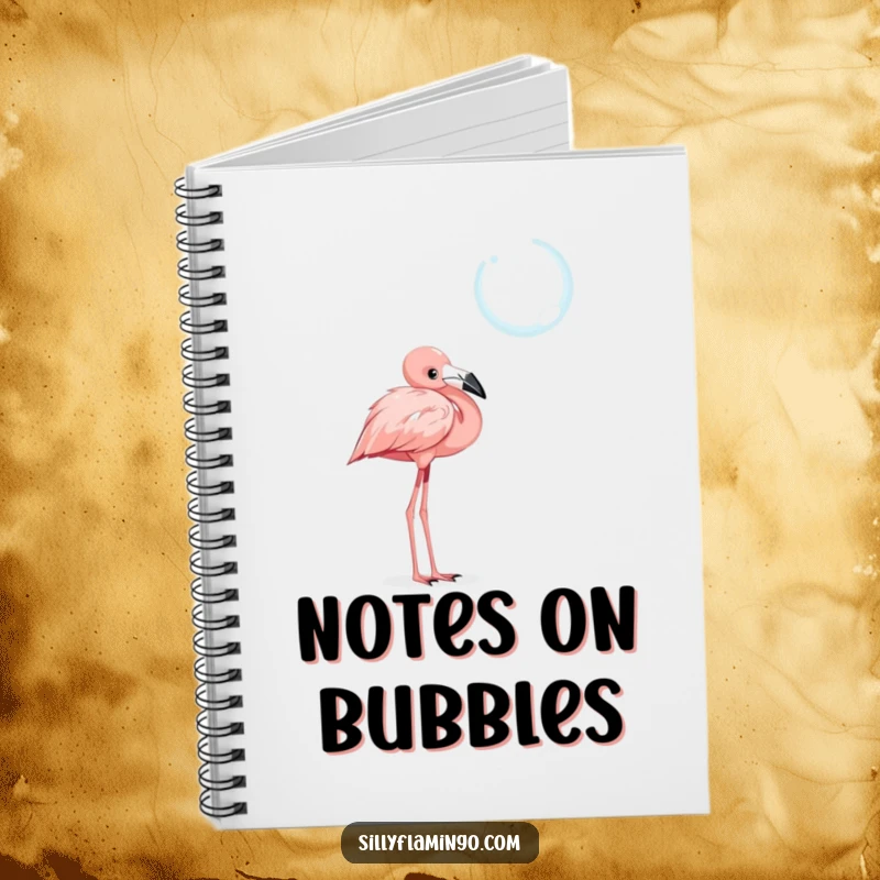 Funny notebook cover with a curious flamingo character with a tilted head, observing a shimmering, floating bubble, symbolizing thoughtful notes.