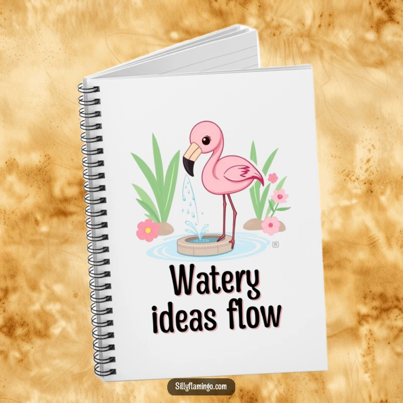 Funny Notebook featuring a flamingo playfully spraying water from its beak, creating a mini-fountain for fun note-taking.