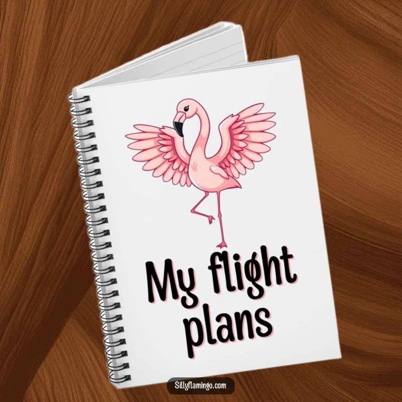 Funny flamingo with elegant wings in mid-flight, perfect for capturing ideas in this humorous notebook