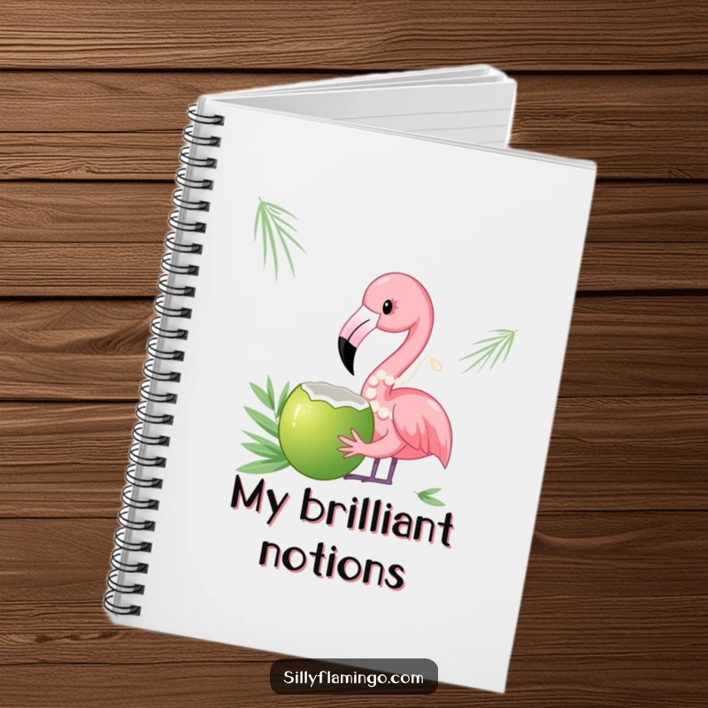 Funny notebook featuring a flamingo in pearls sipping from a coconut, designed for elegant and humorous writing.