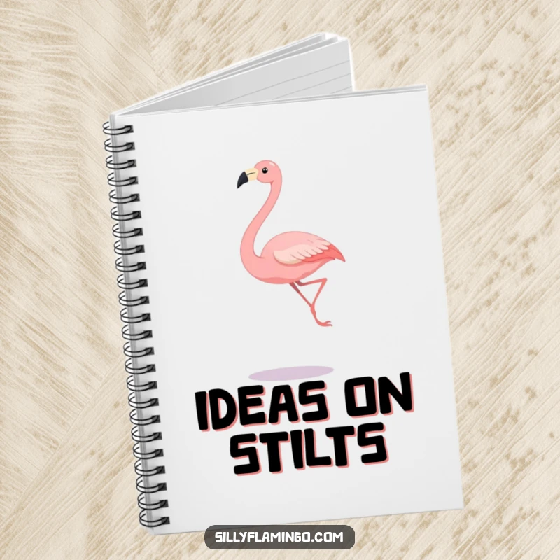Funny notebook cover with a long-legged flamingo gracefully leaping, designed for humorous and inspiring note-taking.