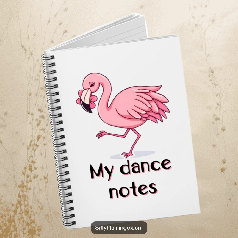Funny Notebook featuring a flamingo with a flower behind its ear, dancing with a joyful shimmy for festive note-taking.