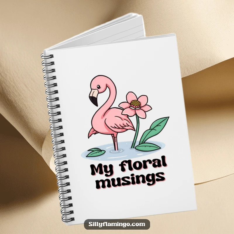 Funny flamingo gently nudging a floating flower with its beak on the cover of a stylish notebook.