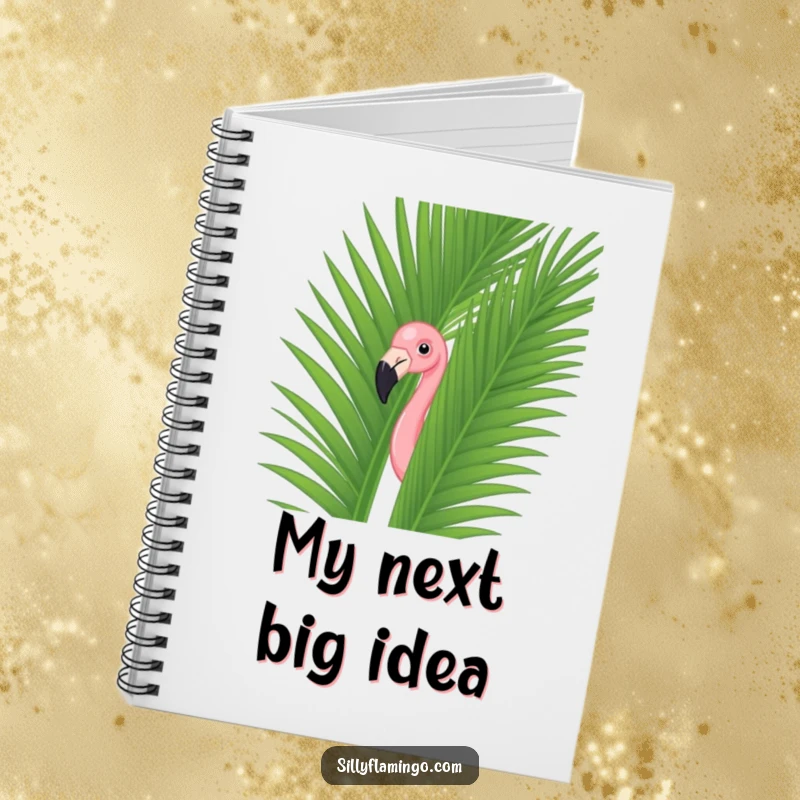 Funny flamingo peeking from a palm leaf cover on a lined notebook, designed for creative and humorous note-taking.