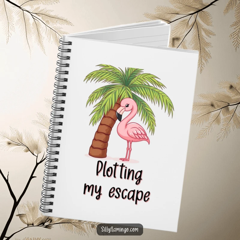 Funny notebook with a pink flamingo curiously peeking from behind a palm tree, perfect for capturing notes with tropical flair.