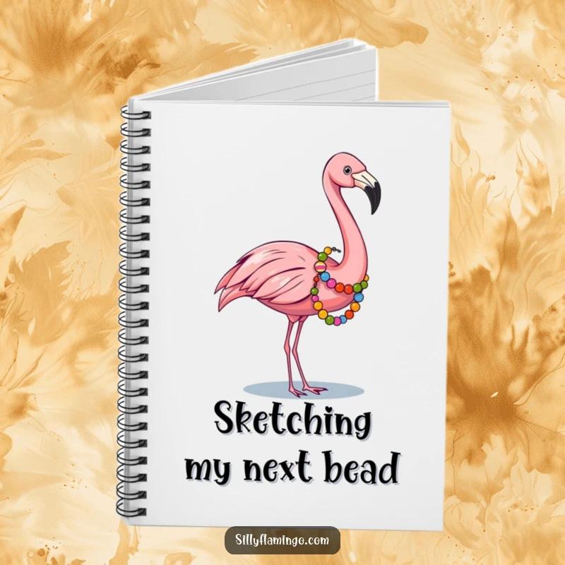Funny notebook with a flamingo wearing a colorful bead garland, inspiring notes and doodles with festive humor.